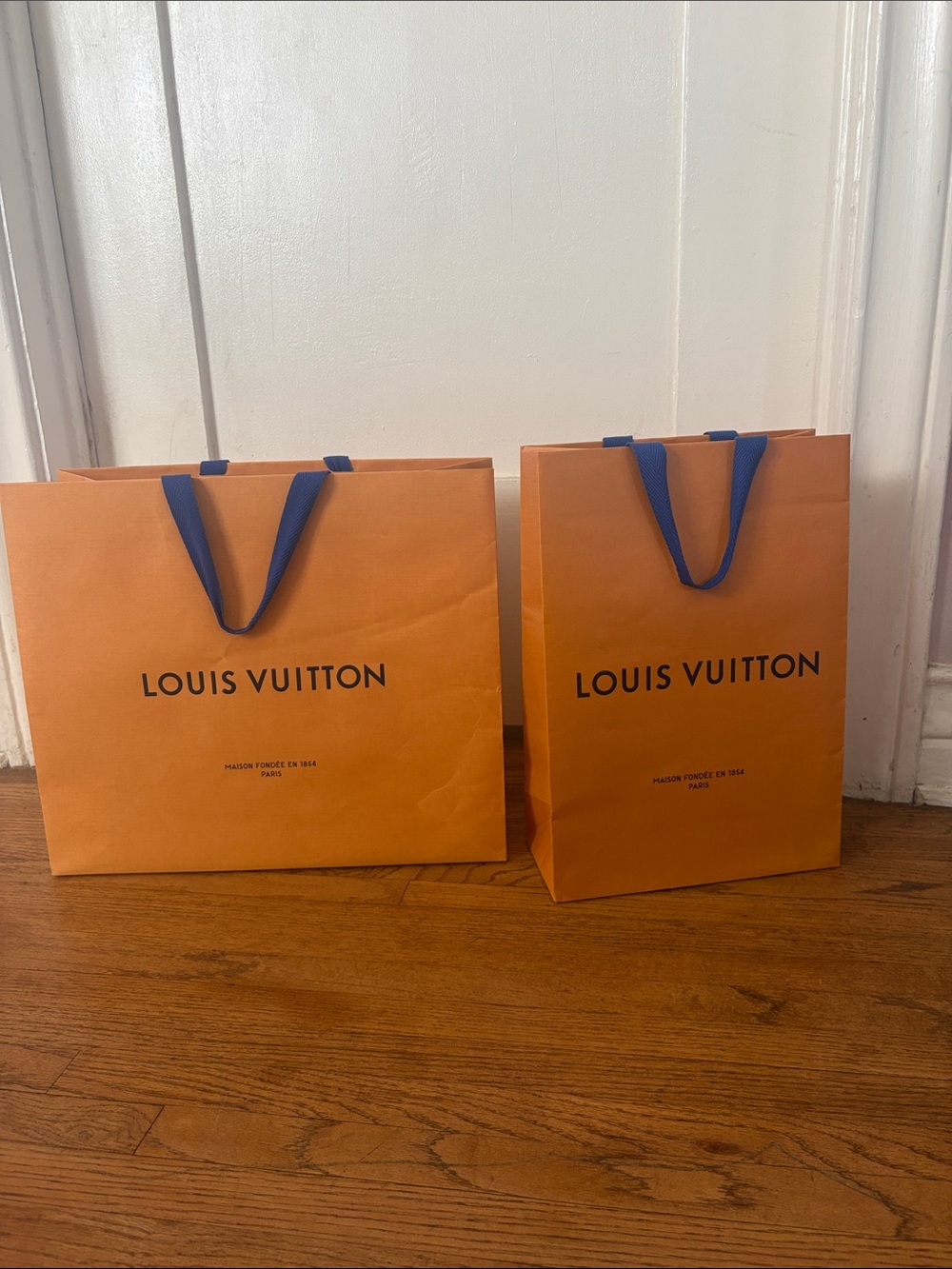 TWO Louis Vuitton Orange Shopping Bags with Blue Handles - Pair